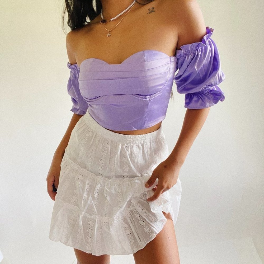 Amara Romantic Off Shoulder Satin Top (Lavender)